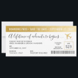 Save the Date Boarding Pass Simple Modern Gold<br><div class="desc">Boarding pass destination save the date ticket design with modern and elegant faux gold foil border,  aeroplane,  and completely customisable personalised text template fields,  fonts,  and colours so you can create your own simple plane ticket save the date card for a destination wedding or travel theme party.</div>