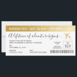 Save the Date Boarding Pass Simple Modern Gold<br><div class="desc">Boarding pass destination save the date ticket design with modern and elegant faux gold foil border,  aeroplane,  and completely customisable personalised text template fields,  fonts,  and colours so you can create your own simple plane ticket save the date card for a destination wedding or travel theme party.</div>