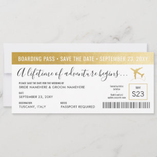 Save the Date Boarding Pass Simple Modern Gold