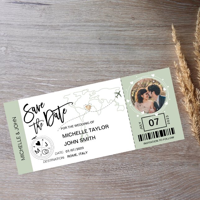 Save the Date Boarding Pass Simple World Map Invit Invitation (Creator Uploaded)