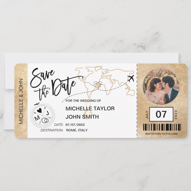 Save the Date Boarding Pass Simple World Map Invit Invitation (Front)