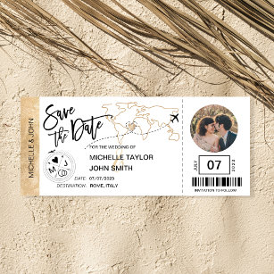 Save the Date Boarding Pass Simple World Map Invitation
