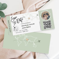 Save the Date Boarding Pass Simple World Map QR 