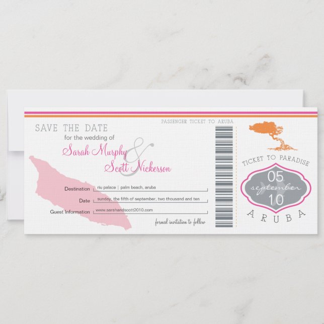 Save the Date Boarding Pass to Aruba (Front)