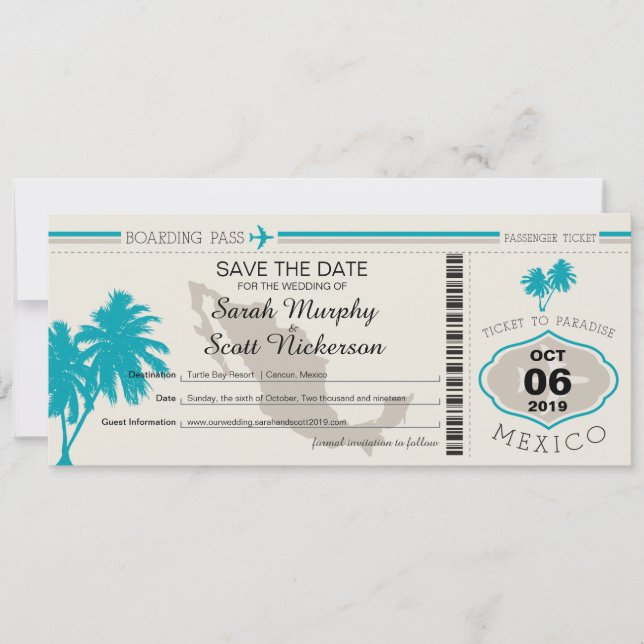 Save the Date Boarding Pass to Mexico (Front)