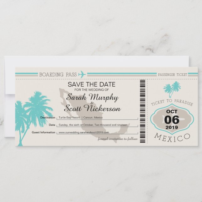 Save the Date Boarding Pass to Mexico (Front)