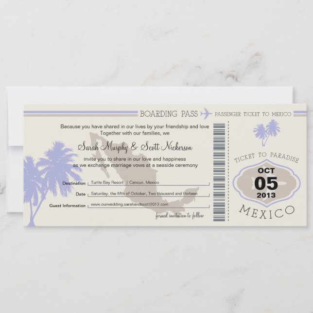 Save the Date Boarding Pass to Mexico (Front)