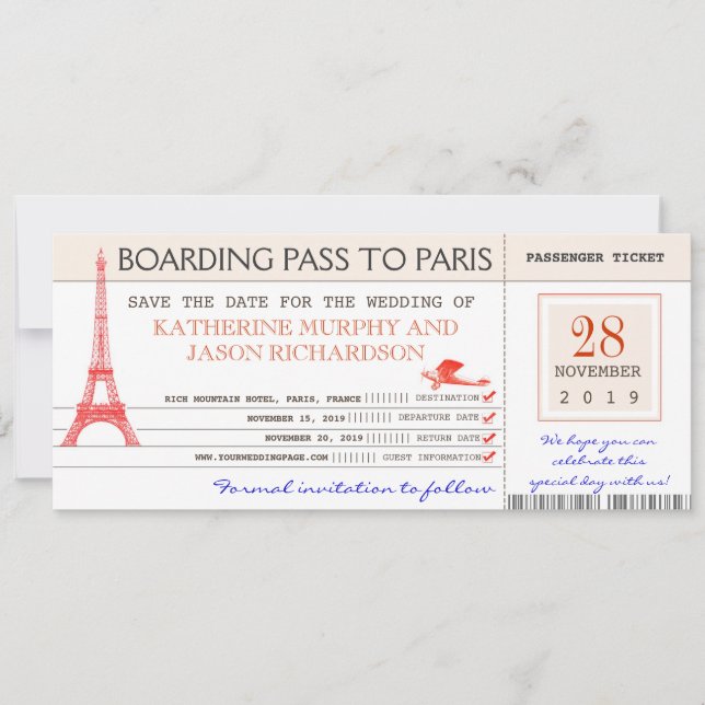 save the date boarding pass to paris france (Front)