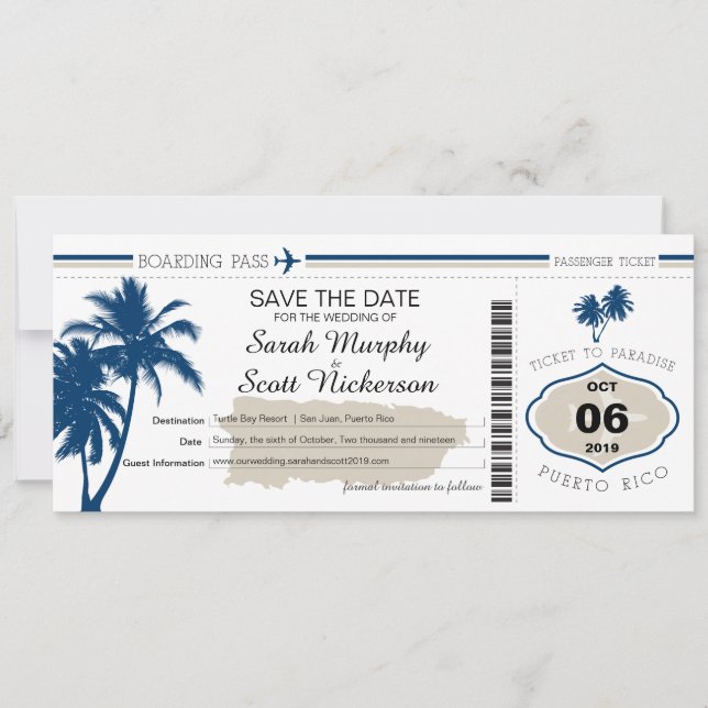 Save the Date Boarding Pass to Puerto Rico (Front)
