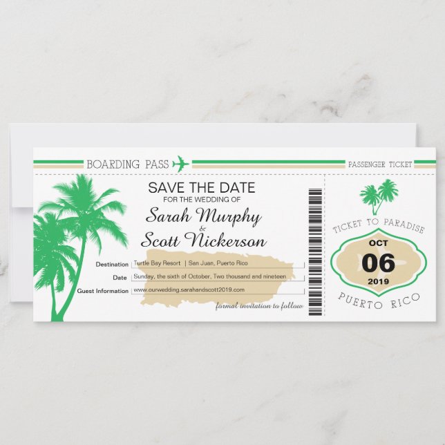 Save the Date Boarding Pass to Puerto Rico (Front)