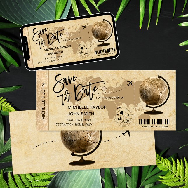 Save the Date Boarding Pass Vintage Map Invitation (Creator Uploaded)