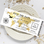 Save the Date Boarding Pass World Map<br><div class="desc">Boarding pass wedding save the date ticket invitation featuring a elegant gold foil destination world map,  compass,  aeroplane,  and a personalised text template.</div>