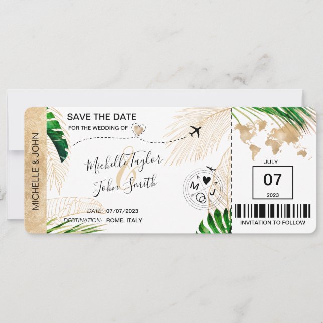 Save the Date Boarding Pass World Map Beach Invita Invitation (Front)