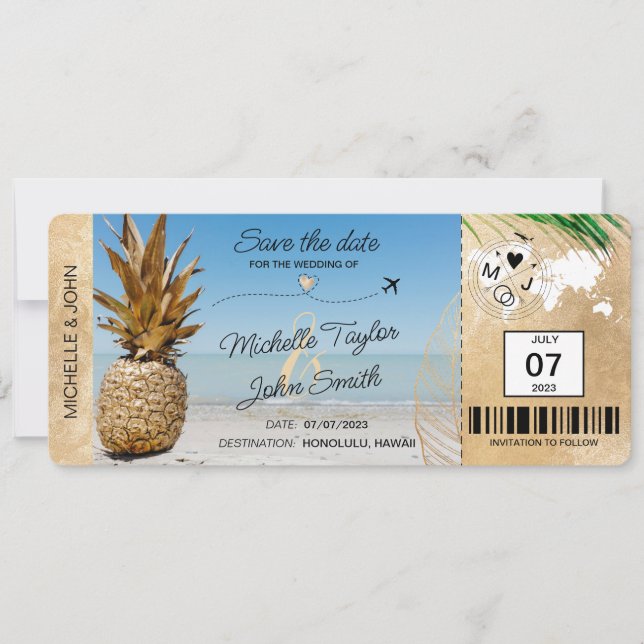 Save the Date Boarding Pass World Map Pineapple In Invitation (Front)