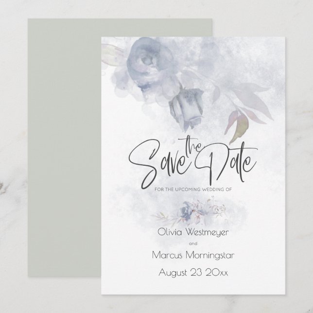 Save the Date Bohemian Dusty Blue Floral Invitation (Front/Back)