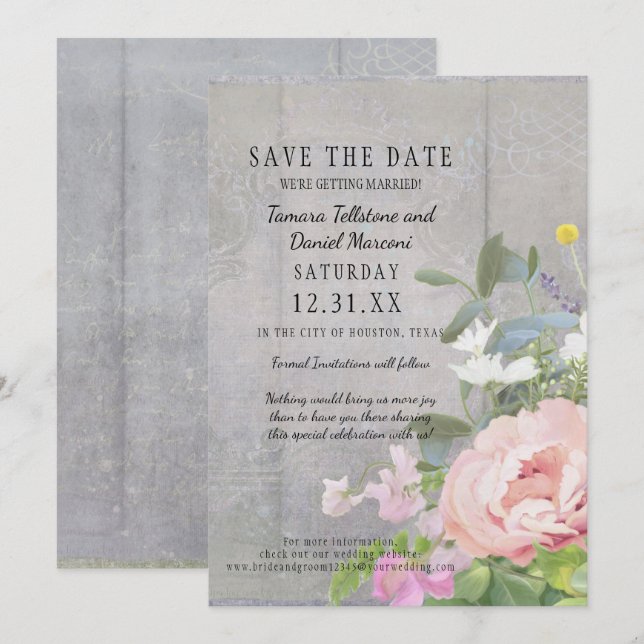 Save the Date BOHO Rustic Floral Wood Barn Peonies Invitation (Front/Back)