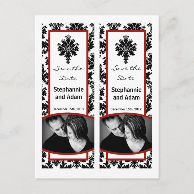 Save the Date Book Mark Favours Black Red Damask Announcement Postcard (Front)