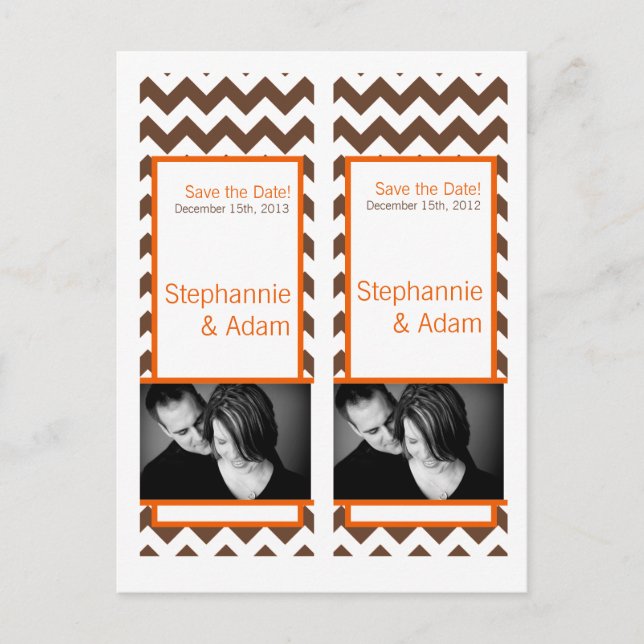 Save the Date Book Mark Favours Brown Orang Chevro Announcement Postcard (Front)