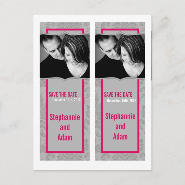 Save the Date Book Mark Favours Modern Grey Damask Announcement Postcard (Front)