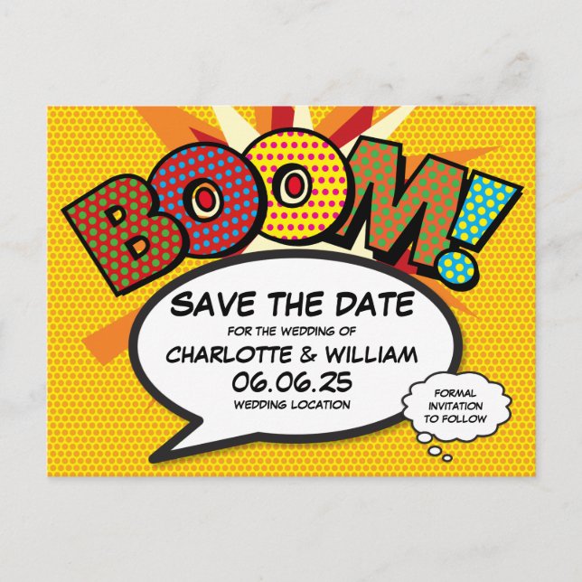 Save the Date Boom Modern Fun Comic Book Announcement Postcard (Front)