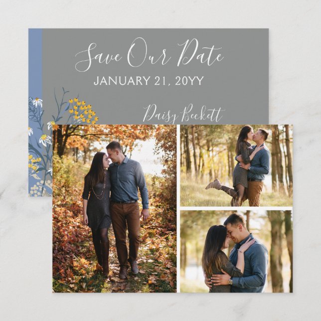 Save The Date Botanical Daisy Floral 3-Photo Card (Front/Back)