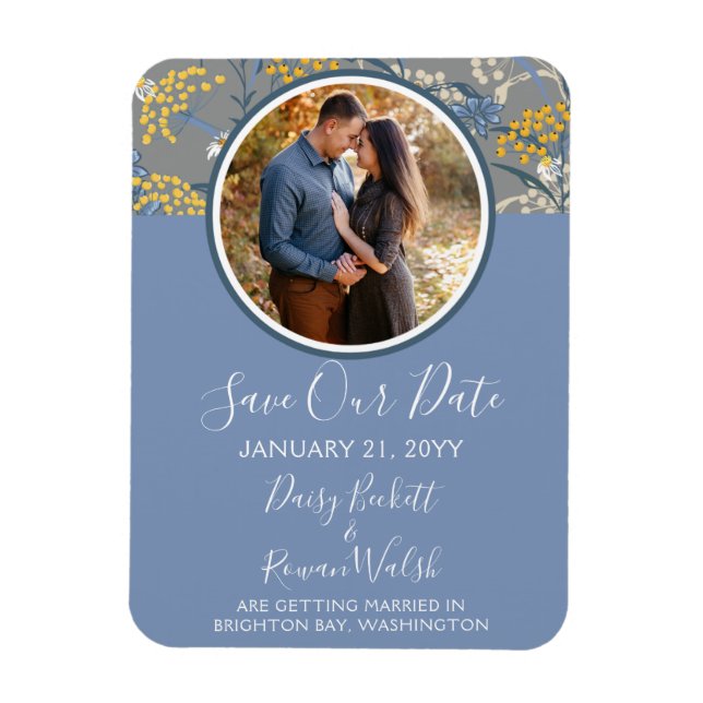 Save The Date Botanical Daisy Floral Yellow & Navy Magnet (Vertical)