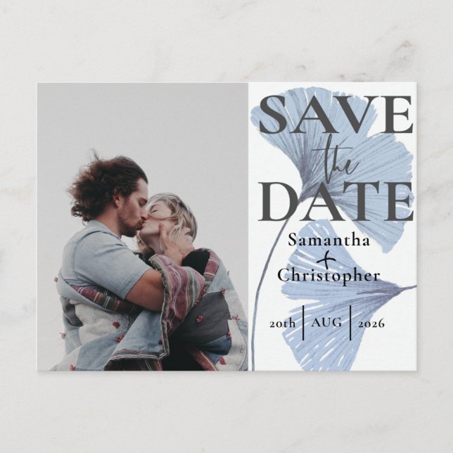 Save the Date Botanical Dusty Blue Photo Wedding  Announcement Postcard (Front)