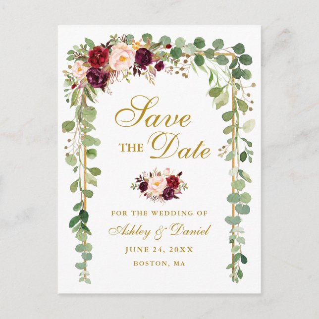 Save The Date Botanical Green Burgundy Floral Gold Announcement Postcard (Front)