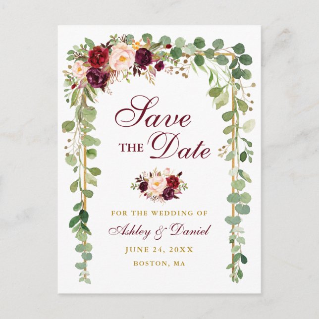 Save The Date Botanical Green Gold Burgundy Floral Announcement Postcard (Front)