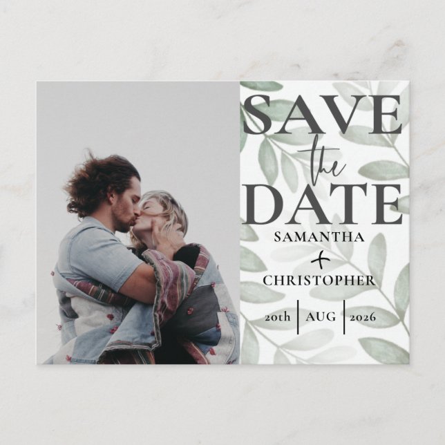 Save the Date Botanical Sage Green Photo Wedding A Announcement Postcard (Front)