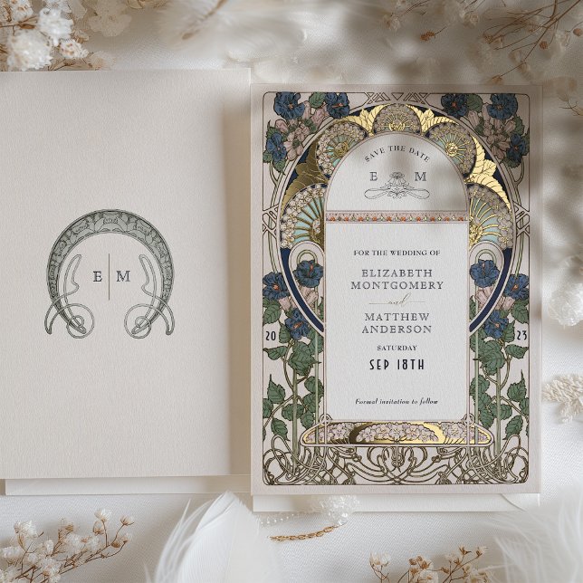 Save the Date Bougainvillea Navy Blue Gold Wedding (Creator Uploaded)