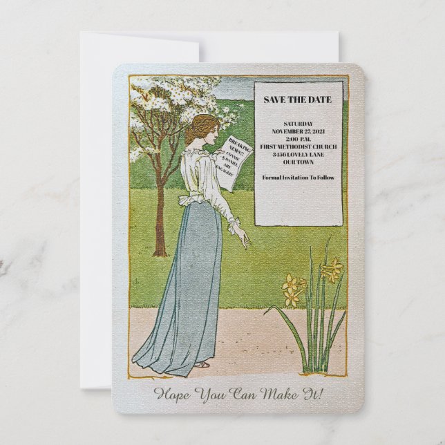 SAVE THE DATE/BREAKING NEWS/WOMAN READING HEADLINE DATE (Front)