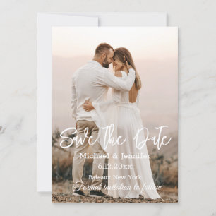 save the date,bride and groom hug and smile,custom invitation