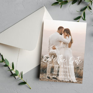 save the date,bride and groom hug and smile,custom invitation