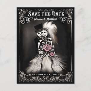 Save the Date Bride & Groom Skeletons Pink Flowers Announcement Postcard