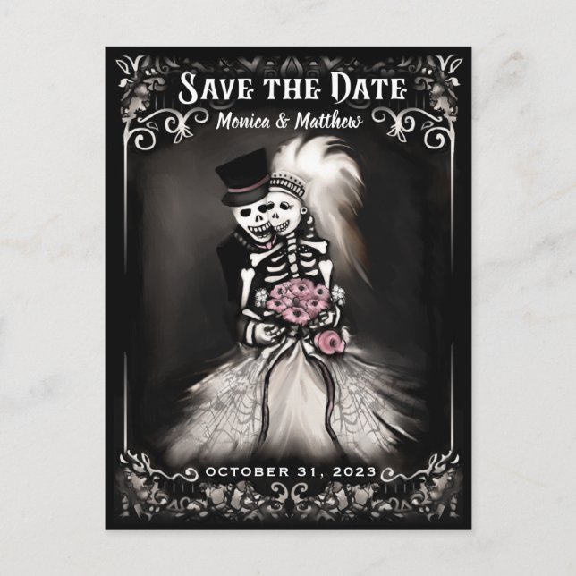 Save the Date Bride & Groom Skeletons Pink Flowers Announcement Postcard (Front)