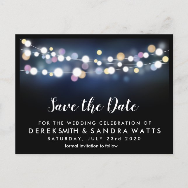 Save the date bright lights announcement postcard (Front)