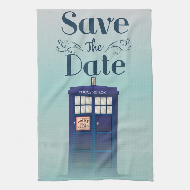 Save the Date British Police Box Tea Towel (Vertical)