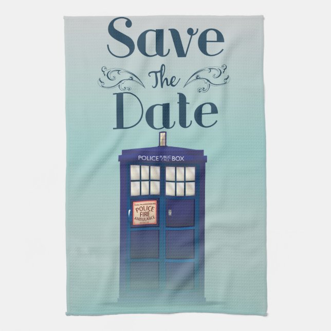 Save the Date British Police Box Tea Towel (Vertical)