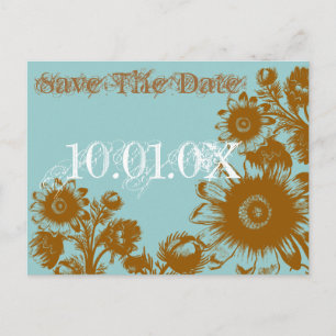 Save The Date -Brown on Blue Vintage Flowers Announcement Postcard
