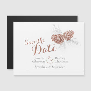 Save the date brown pine cone art magnetic invitation
