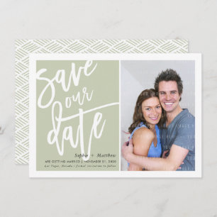 SAVE THE DATE brush lettered script sage green Invitation