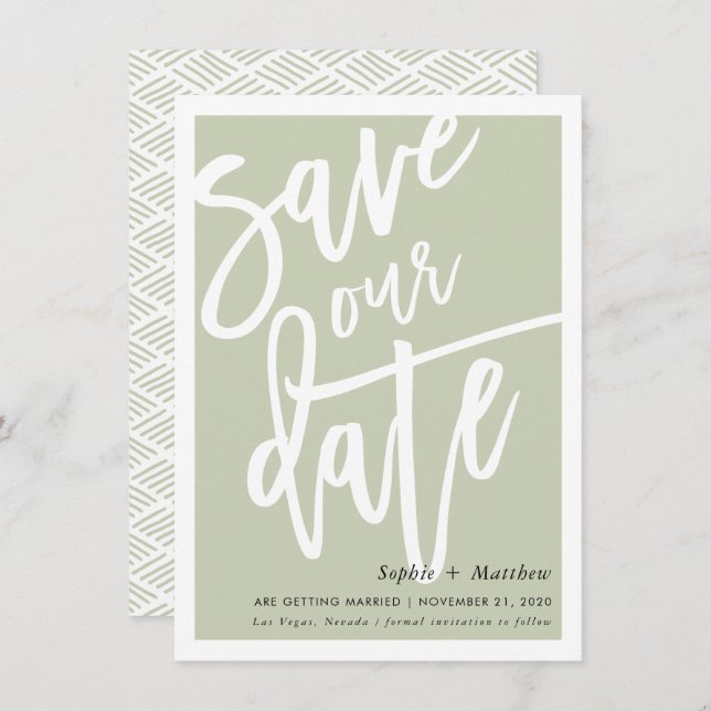SAVE THE DATE brush lettered script sage green Invitation (Front/Back)