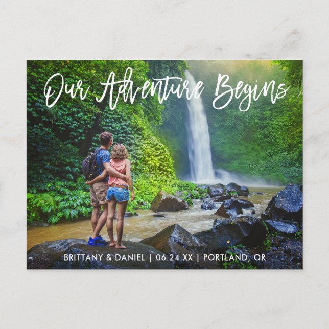 Save The Date Brush Script Adventure Photo Postcard (Front)