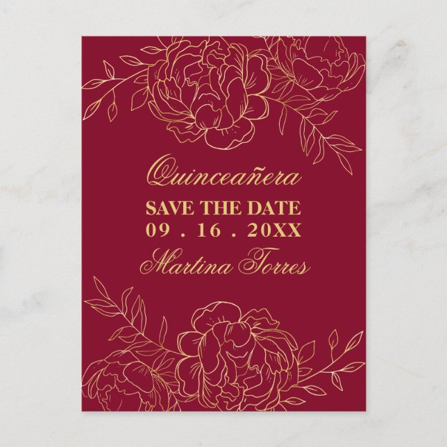 Save the Date Burgundy and Gold Fine Art Floral Announcement Postcard (Front)