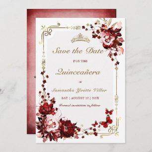 Save The Date Burgundy and Gold Quinceanera Invitation