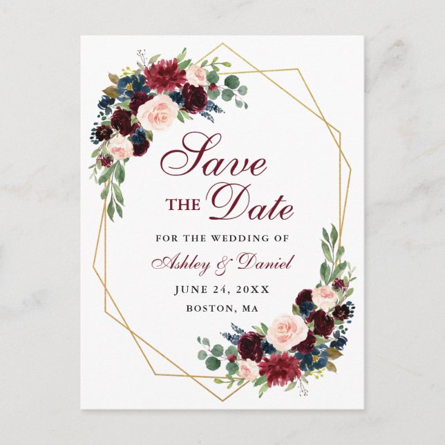 Save the Date Burgundy Blue Floral Gold Frame Announcement Postcard (Front)