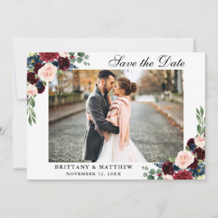 Save The Date Burgundy Blue Floral Photo Card