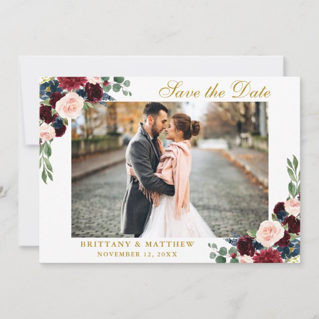 Save The Date Burgundy Blue Floral Photo Gold Card (Front)