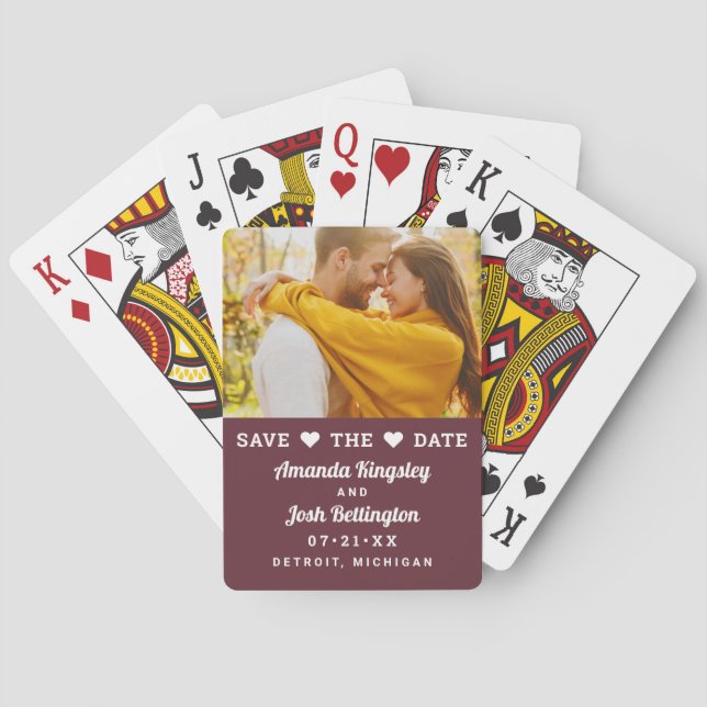 Save the Date Burgundy Custom Wedding Photo Playing Cards (Back)